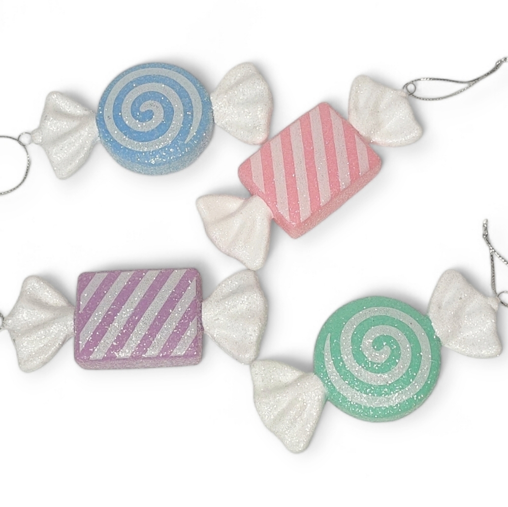 Mrs Claus Bakery Pastel Colored Glitter Swirlโ Christmas Candy Ornaments Set